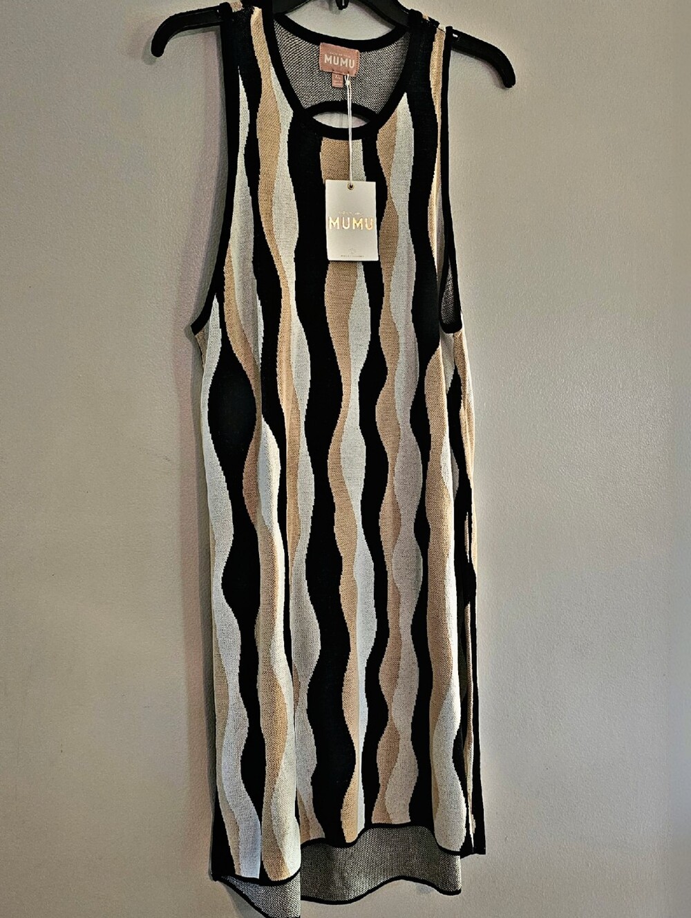 Show Me Your MuMu Wave Stripe Oval-Back Mini Dress in Black, White & Beige - Picture 4 of 9